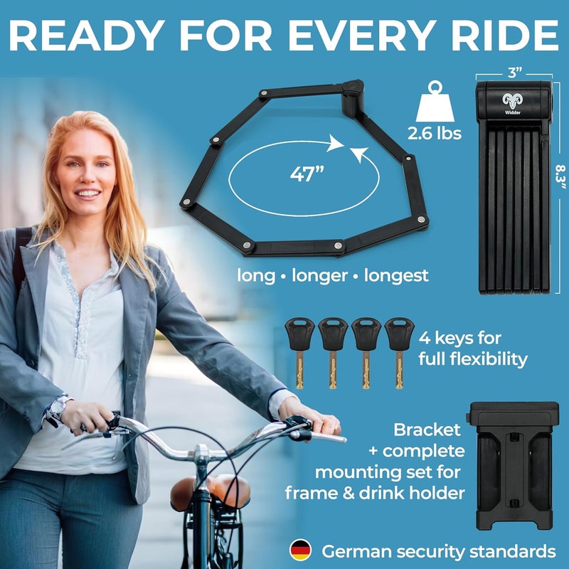 Widder Very Long [47"] Security Folding Lock - Foldable Bicycle Lock with 4 Keys & Frame Mount Bracket, no Rattling - Ideal for Ebike & E Scooter with Key - Image 4